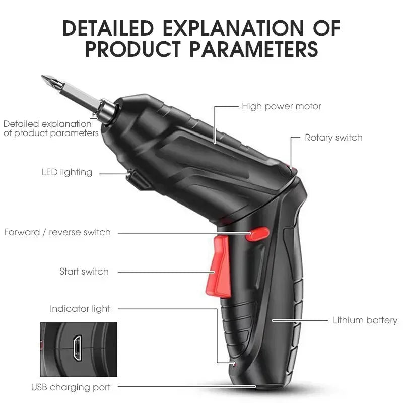Cordless Electric Screwdriver/Drill - USB Rechargeable (With 3mm Twist Drill/Screw Drives) - Gadgetroo
