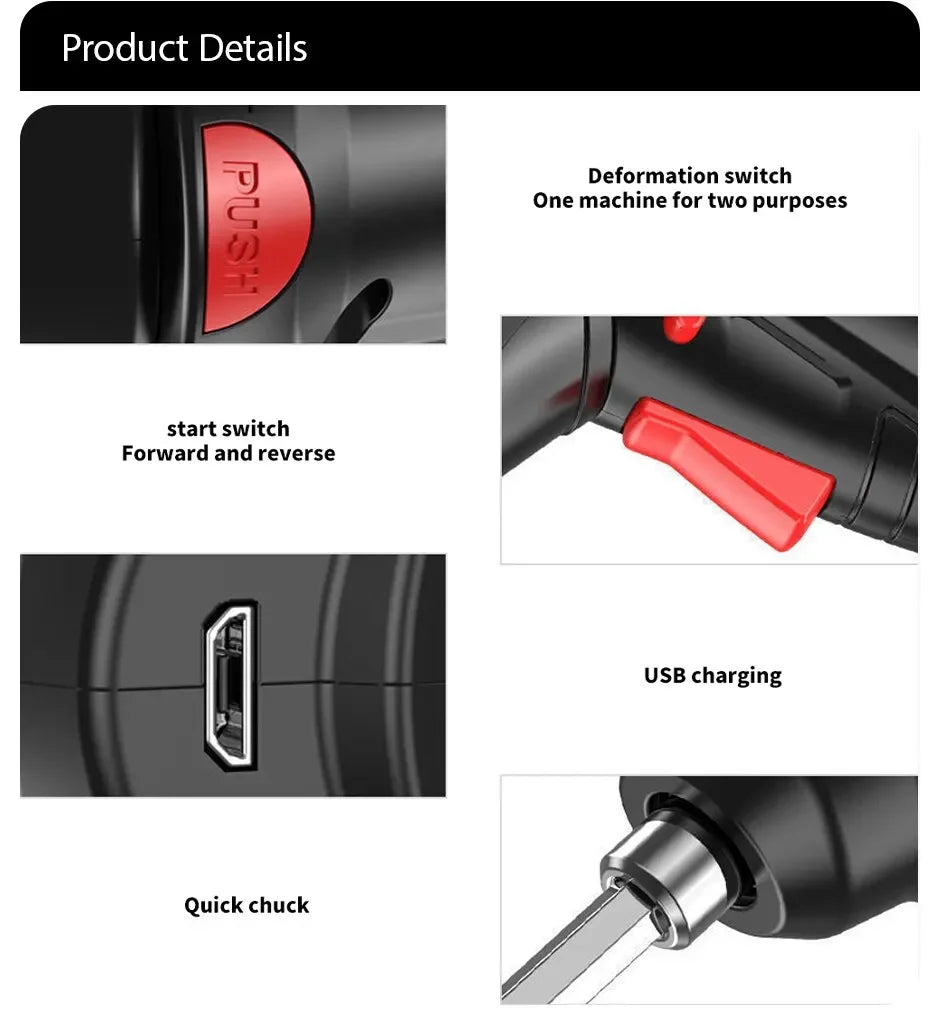 Cordless Electric Screwdriver/Drill - USB Rechargeable (With 3mm Twist Drill/Screw Drives) - Gadgetroo