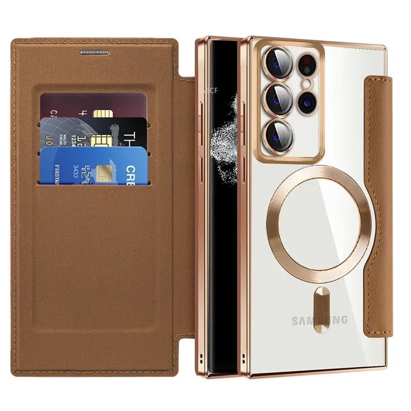 Flip Phone Case - Leather Front and Clear Back for Samsung S22/S23/S24 Base/Plus/Ultra Models (Magsafe) - Gadgetroo