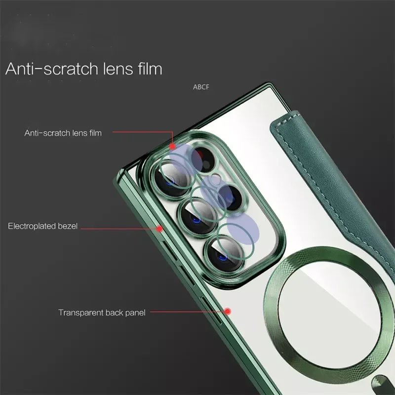 Flip Phone Case - Leather Front and Clear Back for Samsung S22/S23/S24 Base/Plus/Ultra Models (Magsafe) - Gadgetroo