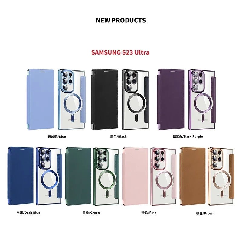 Flip Phone Case - Leather Front and Clear Back for Samsung S22/S23/S24 Base/Plus/Ultra Models (Magsafe) - Gadgetroo