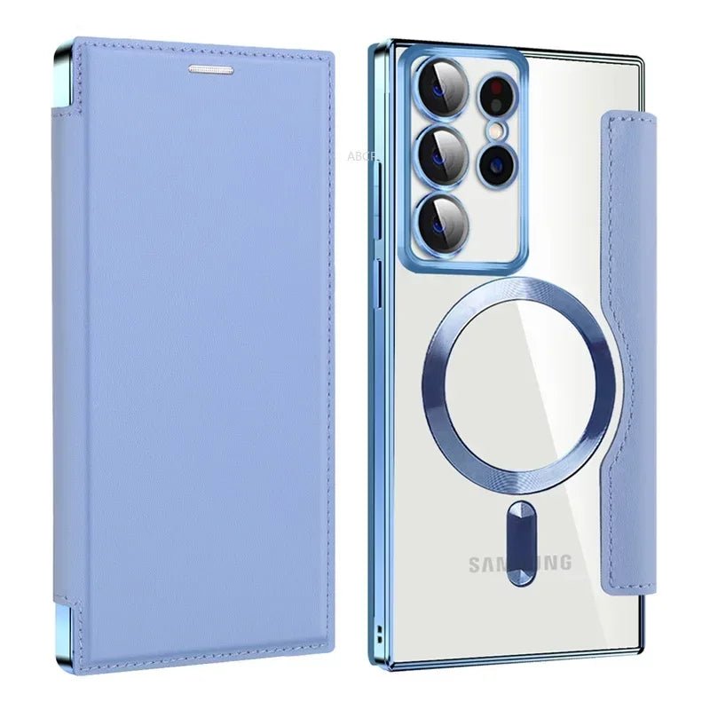 Flip Phone Case - Leather Front and Clear Back for Samsung S22/S23/S24 Base/Plus/Ultra Models (Magsafe) - Gadgetroo