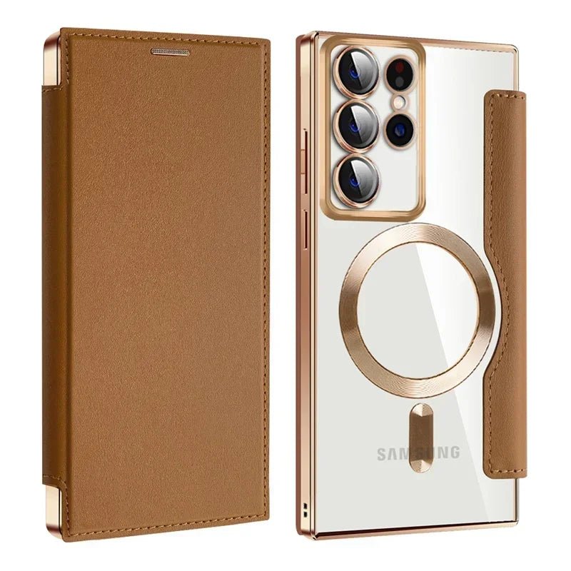 Flip Phone Case - Leather Front and Clear Back for Samsung S22/S23/S24 Base/Plus/Ultra Models (Magsafe) - Gadgetroo