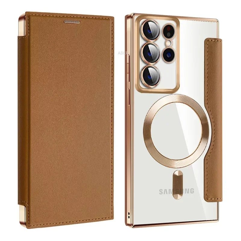 Flip Phone Case - Leather Front and Clear Back for Samsung S22/S23/S24 Base/Plus/Ultra Models (Magsafe) - Gadgetroo