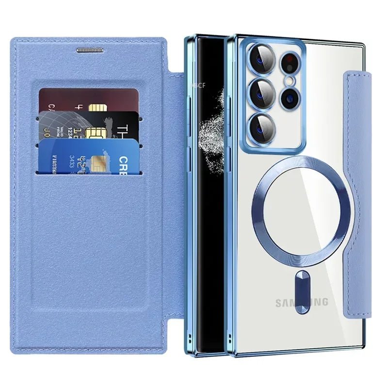 Flip Phone Case - Leather Front and Clear Back for Samsung S22/S23/S24 Base/Plus/Ultra Models (Magsafe) - Gadgetroo