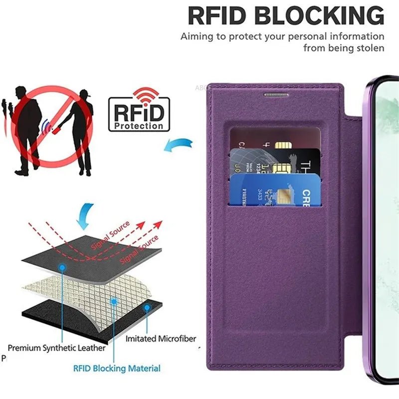 Flip Phone Case - Leather Front and Clear Back for Samsung S22/S23/S24 Base/Plus/Ultra Models (Magsafe) - Gadgetroo