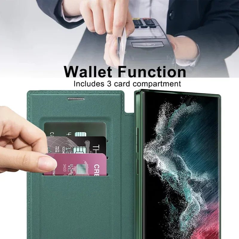 Flip Phone Case - Leather Front and Clear Back for Samsung S22/S23/S24 Base/Plus/Ultra Models (Magsafe) - Gadgetroo