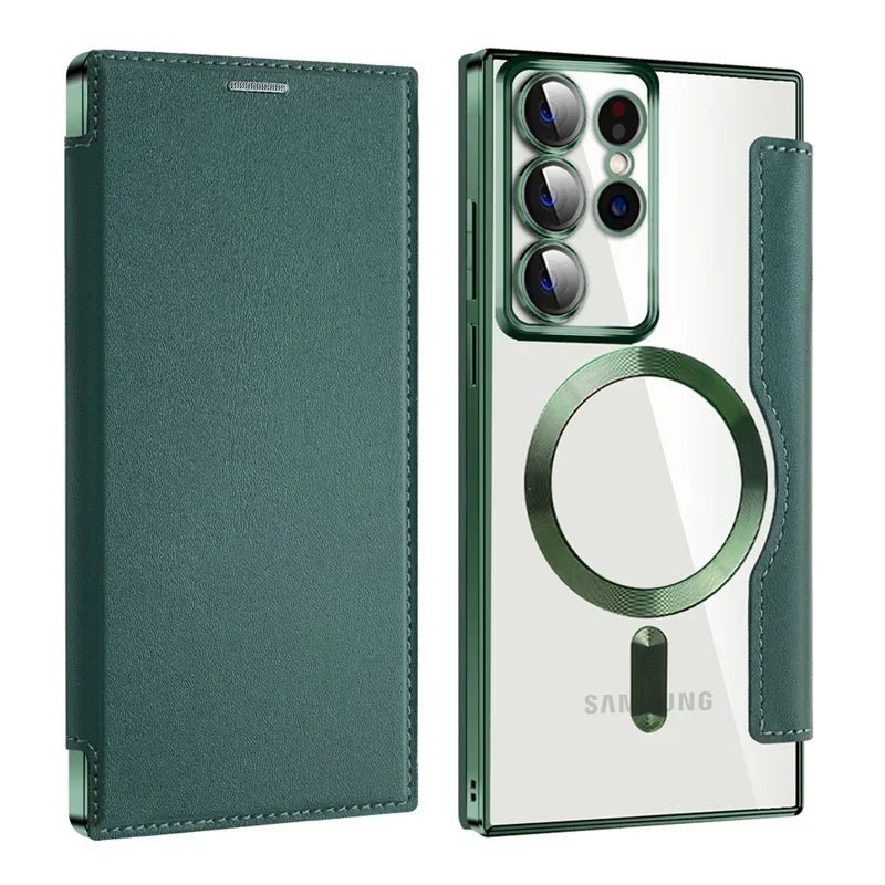 Flip Phone Case - Leather Front and Clear Back for Samsung S22/S23/S24 Base/Plus/Ultra Models (Magsafe) - Gadgetroo