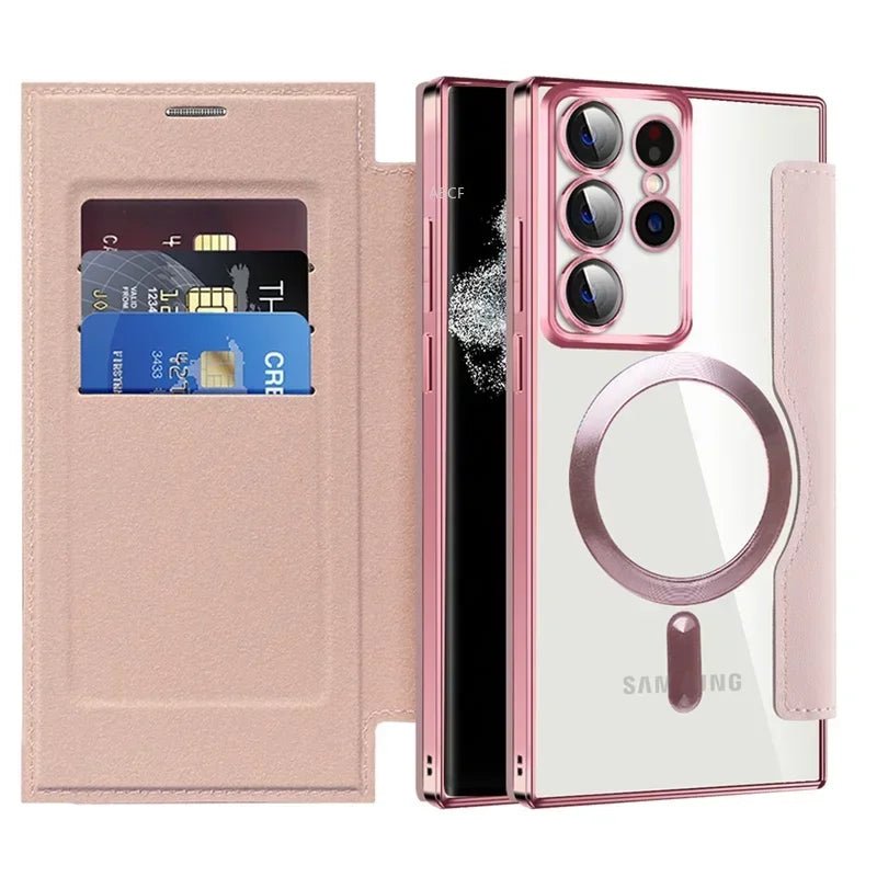 Flip Phone Case - Leather Front and Clear Back for Samsung S22/S23/S24 Base/Plus/Ultra Models (Magsafe) - Gadgetroo