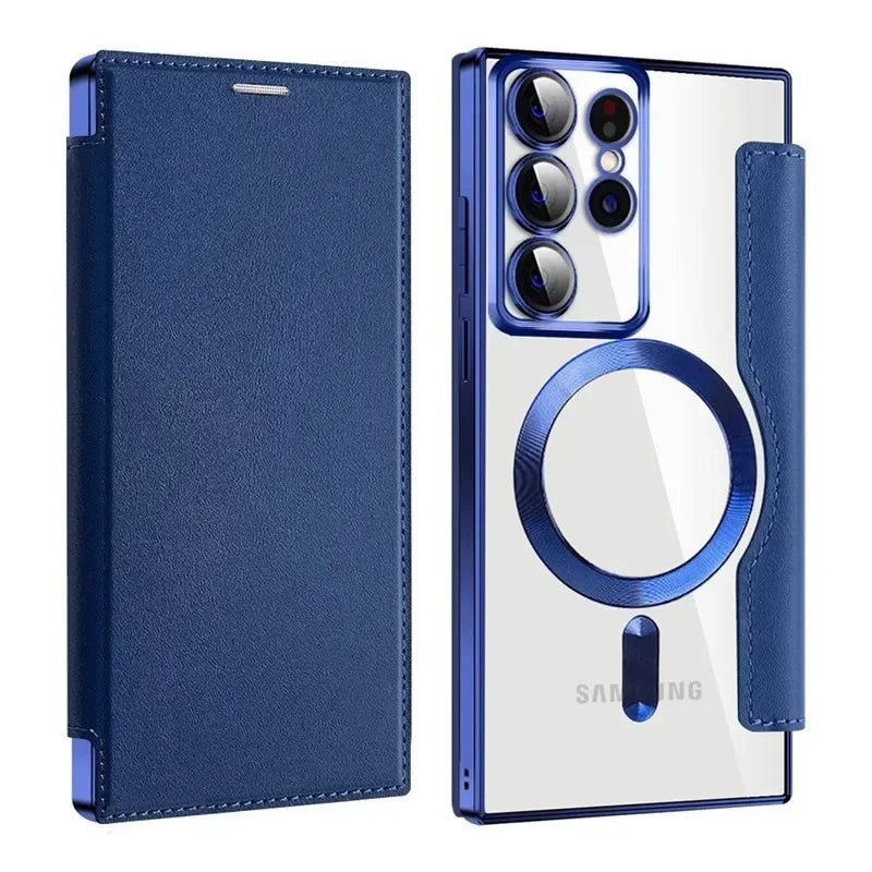 Flip Phone Case - Leather Front and Clear Back for Samsung S22/S23/S24 Base/Plus/Ultra Models (Magsafe) - Gadgetroo