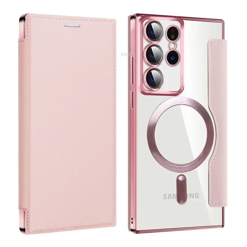 Flip Phone Case - Leather Front and Clear Back for Samsung S22/S23/S24 Base/Plus/Ultra Models (Magsafe) - Gadgetroo
