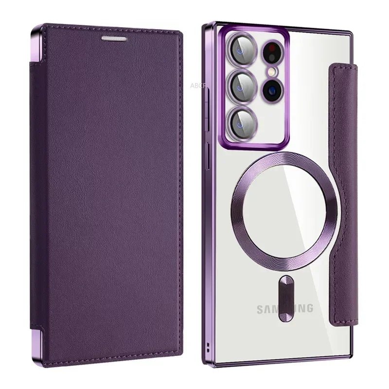 Flip Phone Case - Leather Front and Clear Back for Samsung S22/S23/S24 Base/Plus/Ultra Models (Magsafe) - Gadgetroo