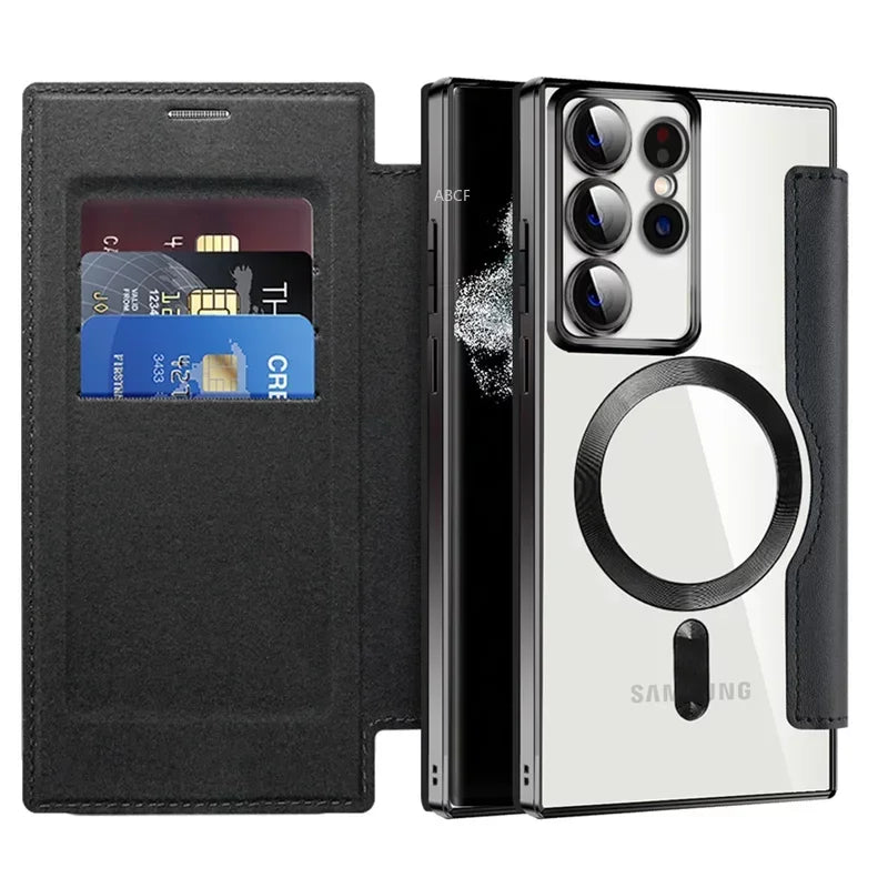 Flip Phone Case - Leather Front and Clear Back for Samsung S22/S23/S24 Base/Plus/Ultra Models (Magsafe) - Gadgetroo