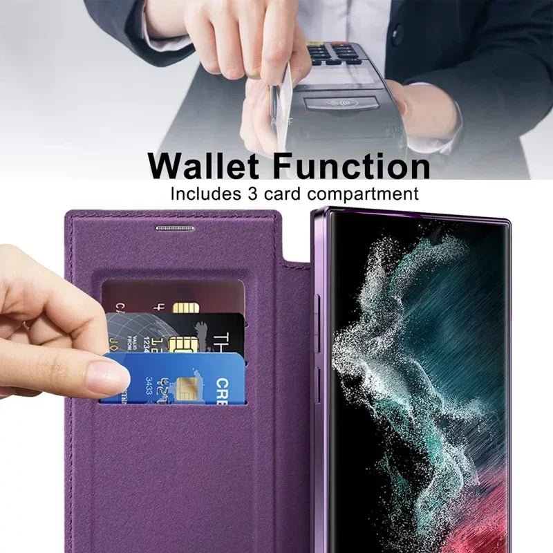 Flip Phone Case - Leather Front and Clear Back for Samsung S22/S23/S24 Base/Plus/Ultra Models (Magsafe) - Gadgetroo