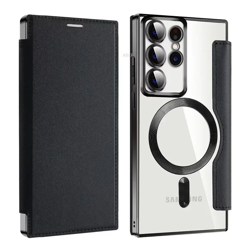Flip Phone Case - Leather Front and Clear Back for Samsung S22/S23/S24 Base/Plus/Ultra Models (Magsafe) - Gadgetroo