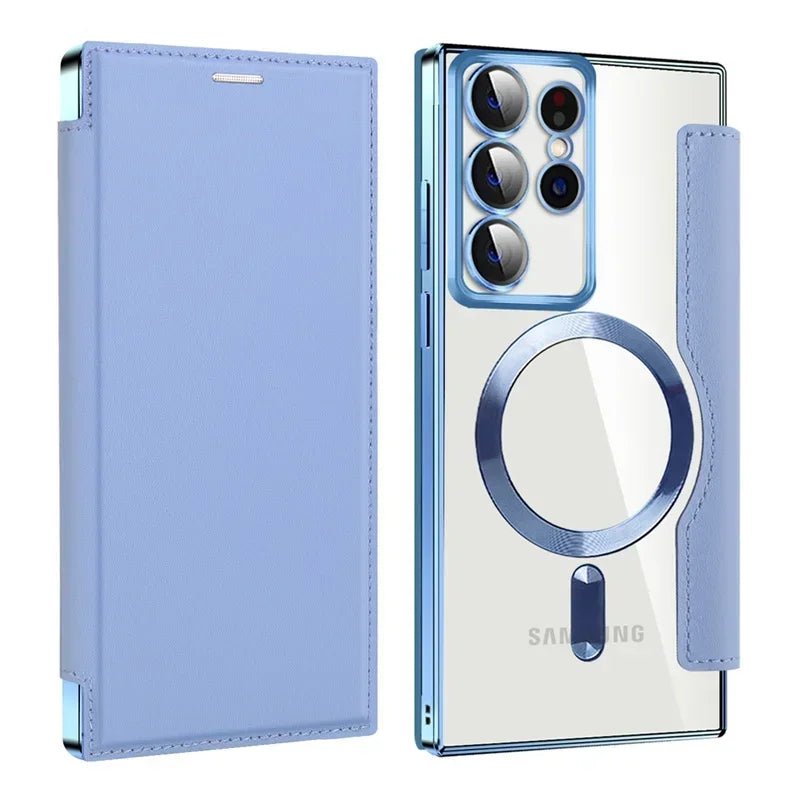 Flip Phone Case - Leather Front and Clear Back for Samsung S22/S23/S24 Base/Plus/Ultra Models (Magsafe) - Gadgetroo