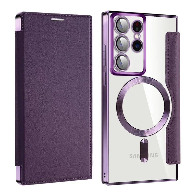 Flip Phone Case - Leather Front and Clear Back for Samsung S22/S23/S24 Base/Plus/Ultra Models (Magsafe) - Gadgetroo