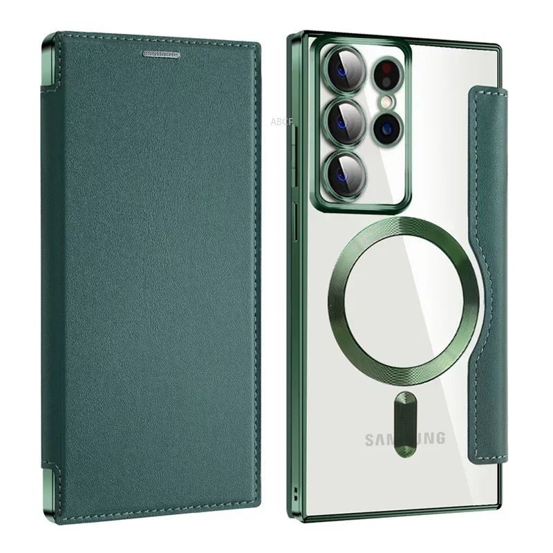 Flip Phone Case - Leather Front and Clear Back for Samsung S22/S23/S24 Base/Plus/Ultra Models (Magsafe) - Gadgetroo
