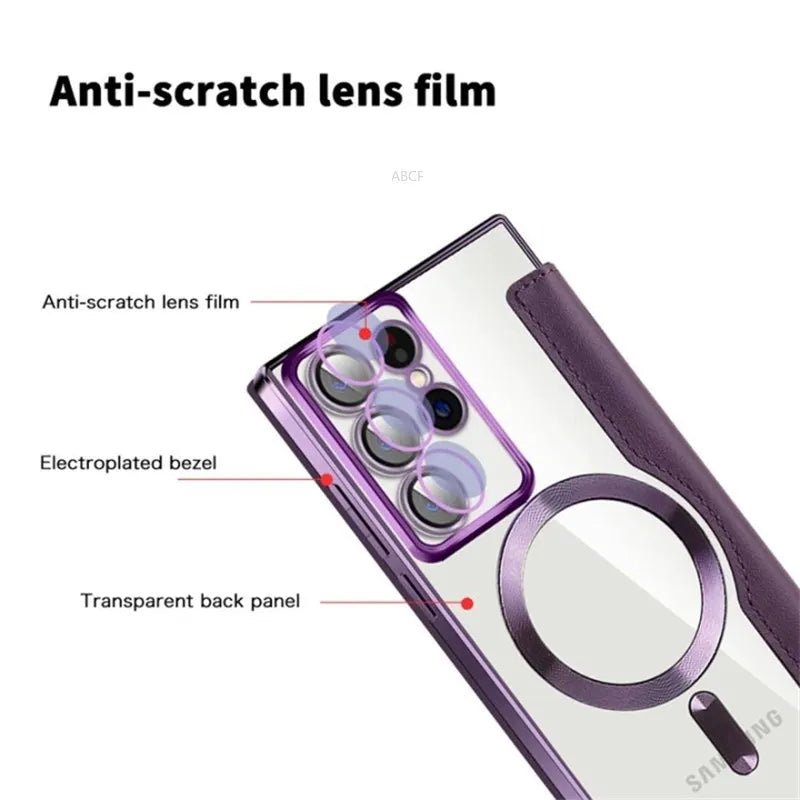 Flip Phone Case - Leather Front and Clear Back for Samsung S22/S23/S24 Base/Plus/Ultra Models (Magsafe) - Gadgetroo