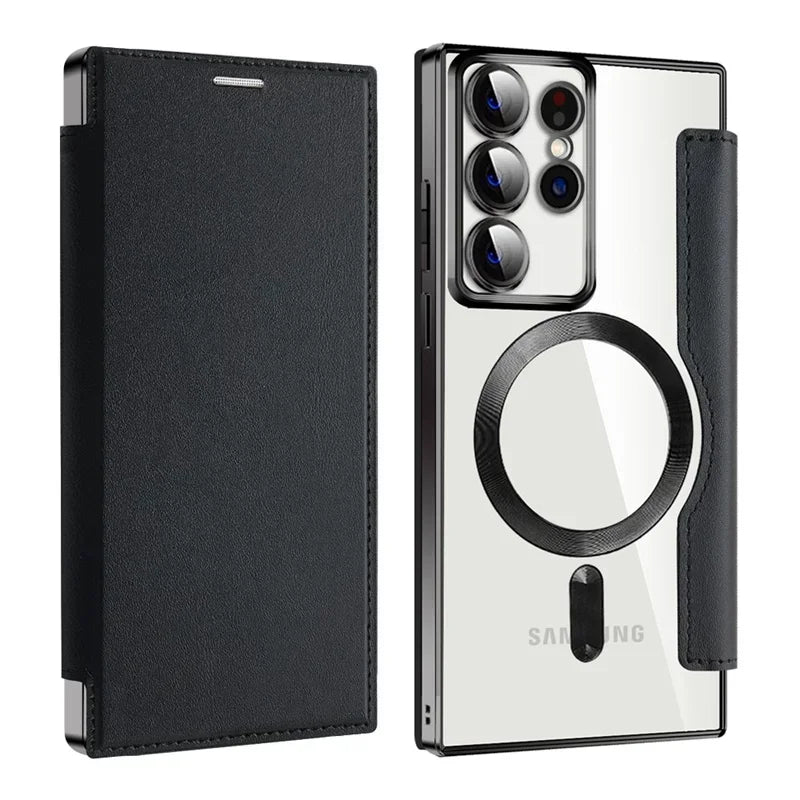 Flip Phone Case - Leather Front and Clear Back for Samsung S22/S23/S24 Base/Plus/Ultra Models (Magsafe) - Gadgetroo