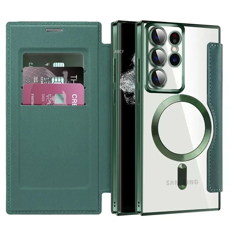 Flip Phone Case - Leather Front and Clear Back for Samsung S22/S23/S24 Base/Plus/Ultra Models (Magsafe) - Gadgetroo