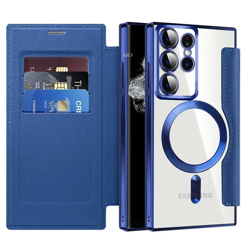 Flip Phone Case - Leather Front and Clear Back for Samsung S22/S23/S24 Base/Plus/Ultra Models (Magsafe) - Gadgetroo