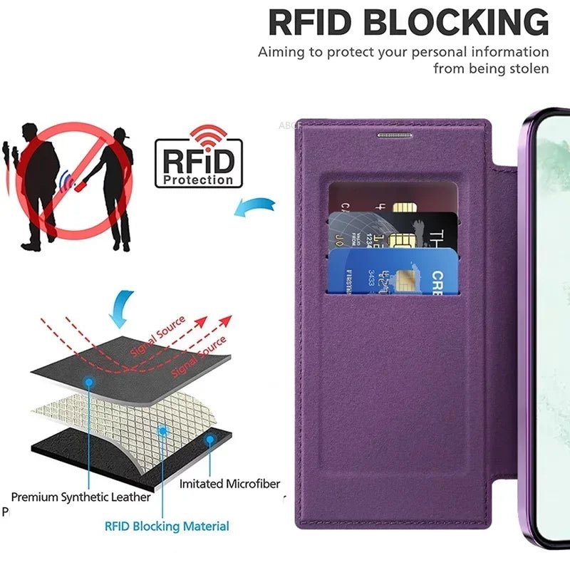 Flip Phone Case - Leather Front and Clear Back for Samsung S22/S23/S24 Base/Plus/Ultra Models (Magsafe) - Gadgetroo