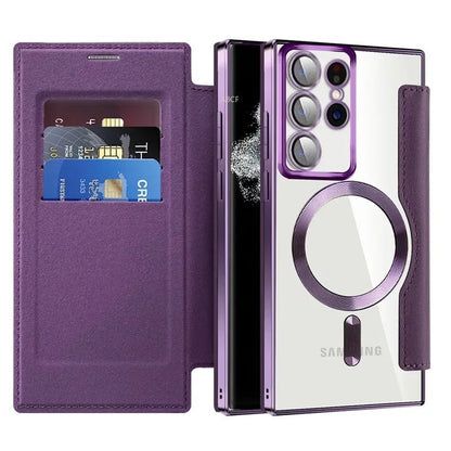 Flip Phone Case - Leather Front and Clear Back for Samsung S22/S23/S24 Base/Plus/Ultra Models (Magsafe) - Gadgetroo