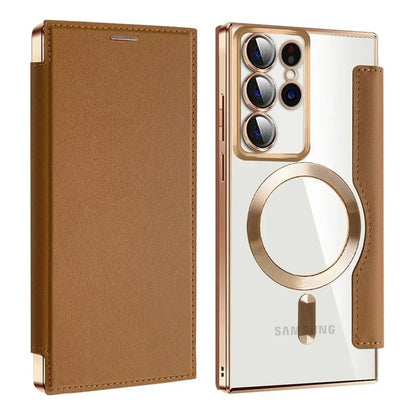 Flip Phone Case - Leather Front and Clear Back for Samsung S22/S23/S24 Base/Plus/Ultra Models (Magsafe) - Gadgetroo