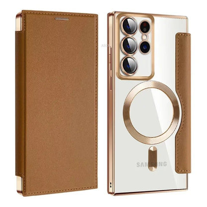 Flip Phone Case - Leather Front and Clear Back for Samsung S22/S23/S24 Base/Plus/Ultra Models (Magsafe) - Gadgetroo