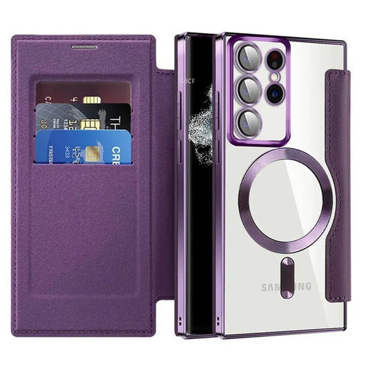 Flip Phone Case - Leather Front and Clear Back for Samsung S22/S23/S24 Base/Plus/Ultra Models (Magsafe) - Gadgetroo
