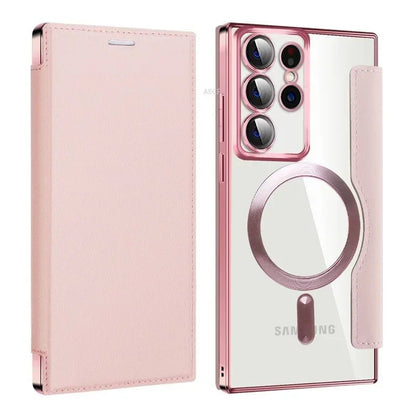 Flip Phone Case - Leather Front and Clear Back for Samsung S22/S23/S24 Base/Plus/Ultra Models (Magsafe) - Gadgetroo