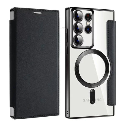 Flip Phone Case - Leather Front and Clear Back for Samsung S22/S23/S24 Base/Plus/Ultra Models (Magsafe) - Gadgetroo