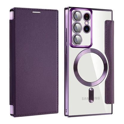 Flip Phone Case - Leather Front and Clear Back for Samsung S22/S23/S24 Base/Plus/Ultra Models (Magsafe) - Gadgetroo