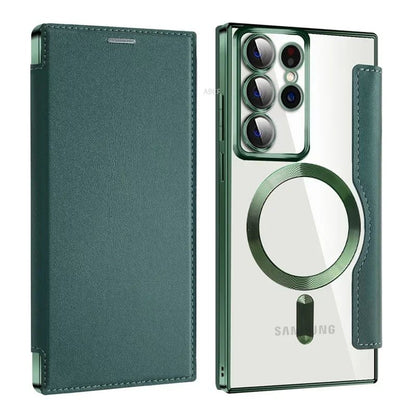 Flip Phone Case - Leather Front and Clear Back for Samsung S22/S23/S24 Base/Plus/Ultra Models (Magsafe) - Gadgetroo
