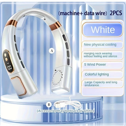 Neck Fan - Portable Fan With Display Screen Rechargeable By USB Cable (5 - Level Cooling) - Gadgetroo