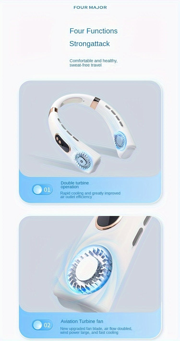 Neck Fan - Portable Fan With Display Screen Rechargeable By USB Cable (5 - Level Cooling) - Gadgetroo